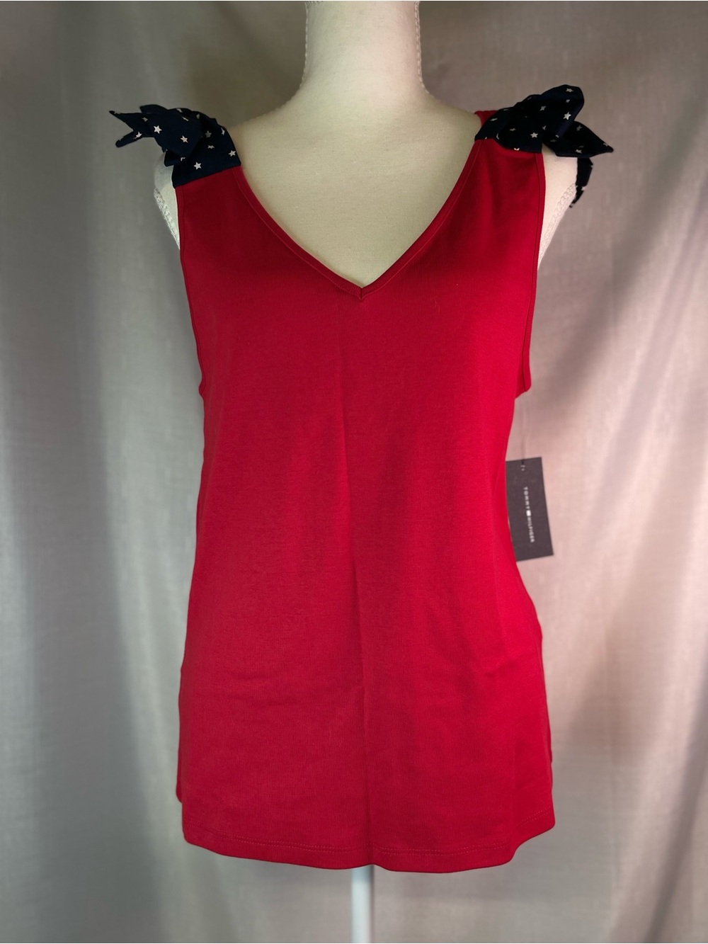 Tommy Hilfiger Red V-Neck Tie-Shoulder Tank with Navy Star Ties Size L Patriotic